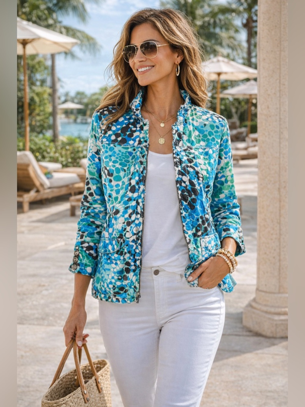 Chico’s Additions Blue Abstract Print Jacket Size 1 Lightweight Resort Blazer